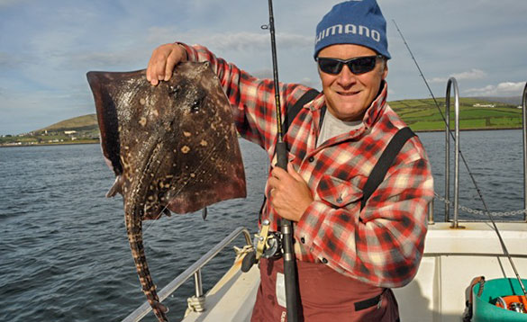 angler holding a thornback ray standing on a boat /