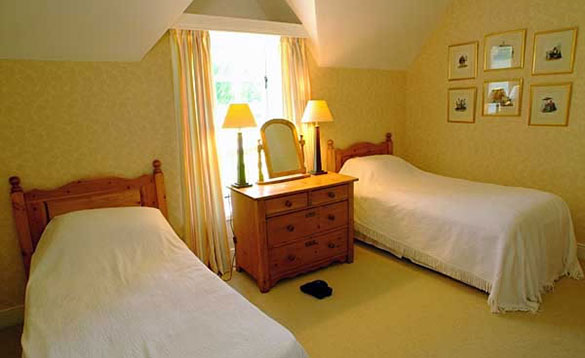 light and sunny yellow bedroom with two pine beds and chest of drawers/