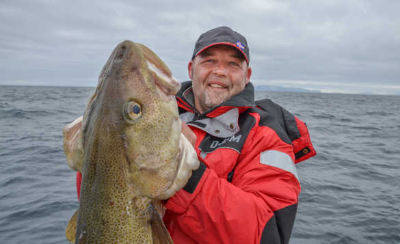 Close up of an angler holding a large cod caught in Iceland/