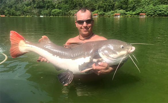Angler holding a red-fin catfish caught in Thailand/