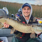 Man holding a pike sitting in a boat on a reed fringed lake
