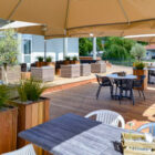 Dining tables and chairs on a outside decked area with green leafy plants in planters