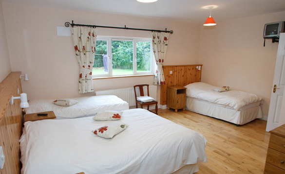 Spacious triple bedroom with light wood flooring, featuring one double bed and two single beds with white linens and a wide window overlooking a garden.