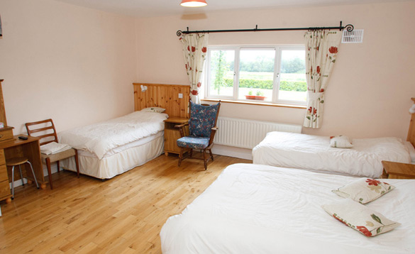 Spacious triple bedroom with light wood flooring, featuring one double bed and two single beds with white linens, a blue floral armchair, and a wide window overlooking a green field.
