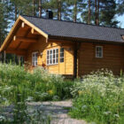Wooden chalet with slate roof with trees in the background