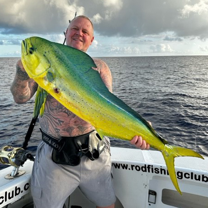 Angler holding a mahi mahi fish