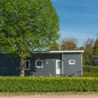 Exterior of a modern dark blue chalet with a green hedge, tree, and parked bicycle in front.