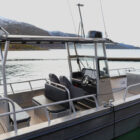 Side view of an aluminium fishing boat with a hard top and rod holders docked in water